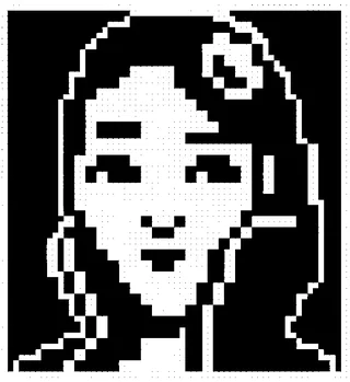 Personaggio pixel con capelli lunghi e un fermaglio a fiore
