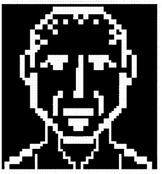 Personaggio pixel con capelli corti e ricci e un gran sorriso
