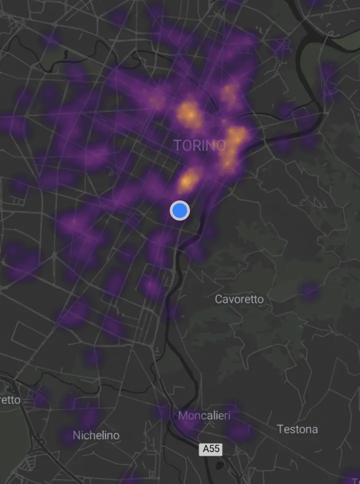 The city tonight in Nox: a dark map of Turin glowing purple to amber where nightlife is busiest
